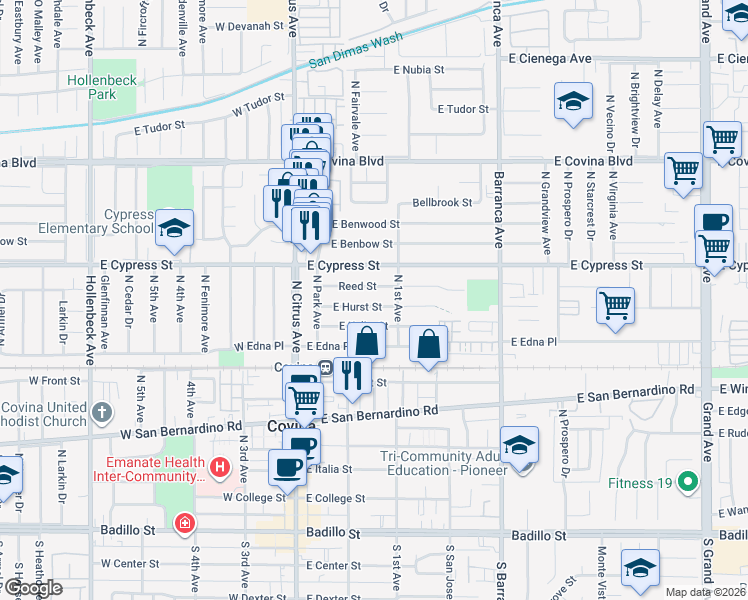 map of restaurants, bars, coffee shops, grocery stores, and more near 247 East Hurst Street in Covina