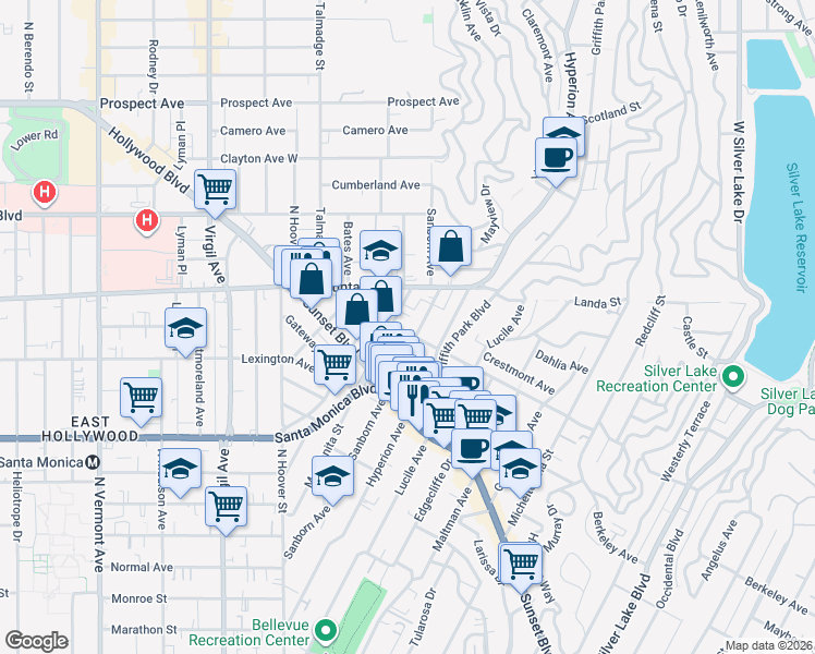 map of restaurants, bars, coffee shops, grocery stores, and more near 1218 Manzanita Street in Los Angeles