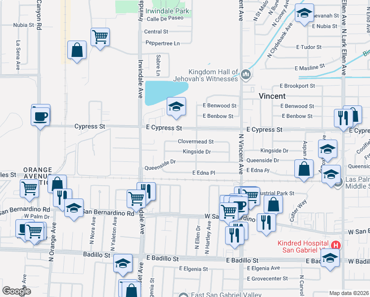 map of restaurants, bars, coffee shops, grocery stores, and more near in Covina
