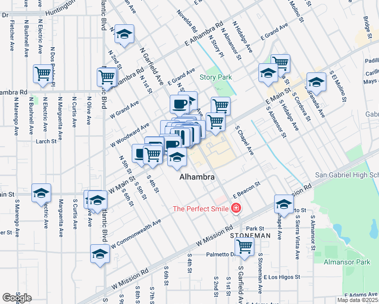 map of restaurants, bars, coffee shops, grocery stores, and more near 10 North 1st Street in Alhambra
