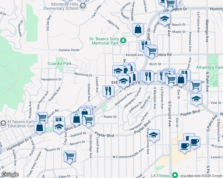 map of restaurants, bars, coffee shops, grocery stores, and more near 4317 Winchester Avenue in Los Angeles