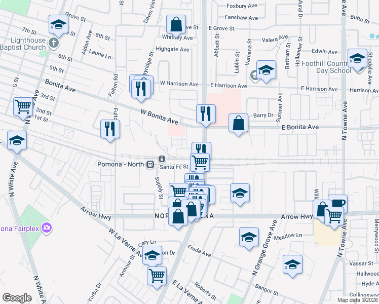 map of restaurants, bars, coffee shops, grocery stores, and more near 2707 North Garey Avenue in Pomona
