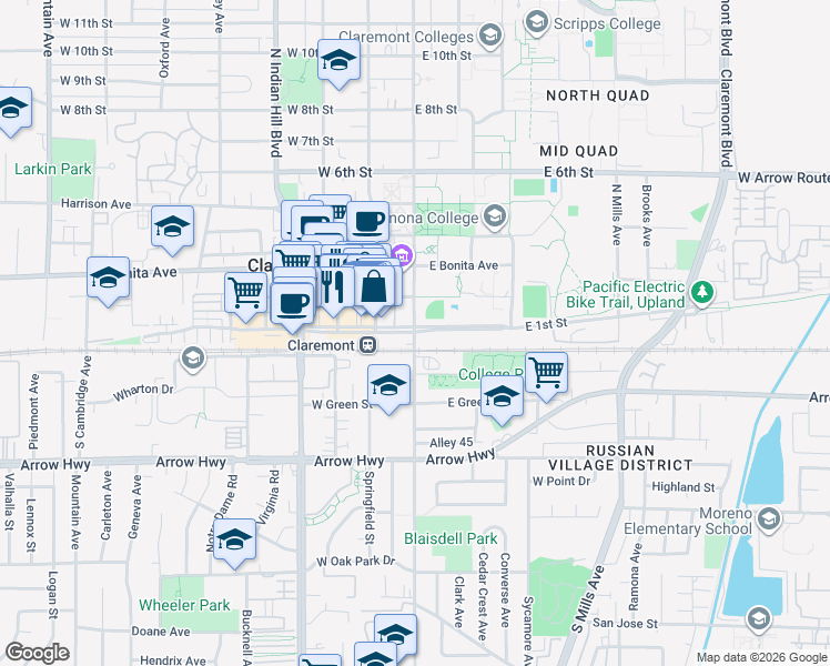 map of restaurants, bars, coffee shops, grocery stores, and more near 110 West 1st Street in Claremont