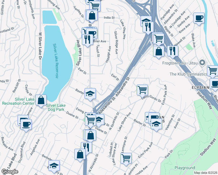 map of restaurants, bars, coffee shops, grocery stores, and more near 2229 Oak Glen Place in Los Angeles