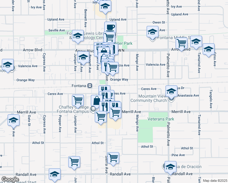 map of restaurants, bars, coffee shops, grocery stores, and more near 16946 Ceres Avenue in Fontana