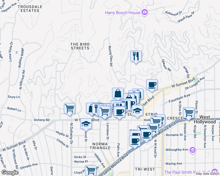 map of restaurants, bars, coffee shops, grocery stores, and more near 1305 Collingwood Place in Los Angeles