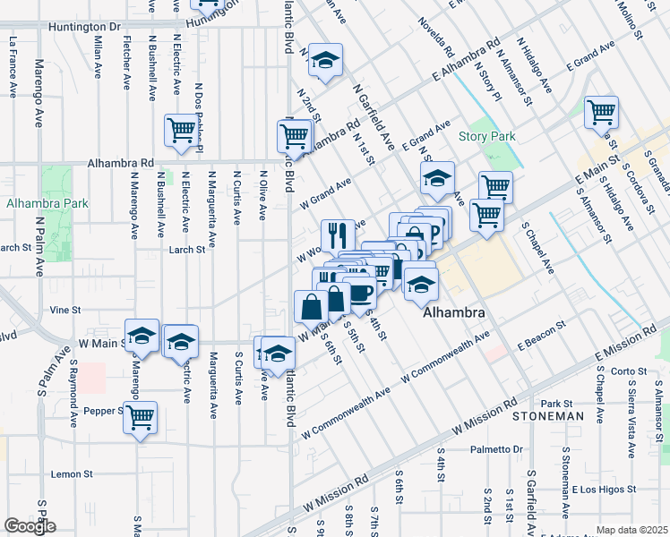 map of restaurants, bars, coffee shops, grocery stores, and more near 127 North 4th Street in Alhambra