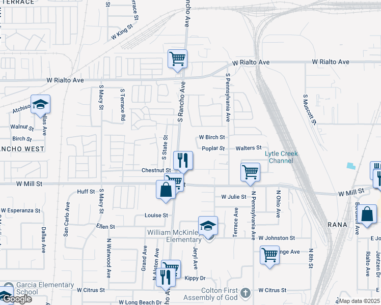 map of restaurants, bars, coffee shops, grocery stores, and more near 2300 North Rancho Avenue in Colton