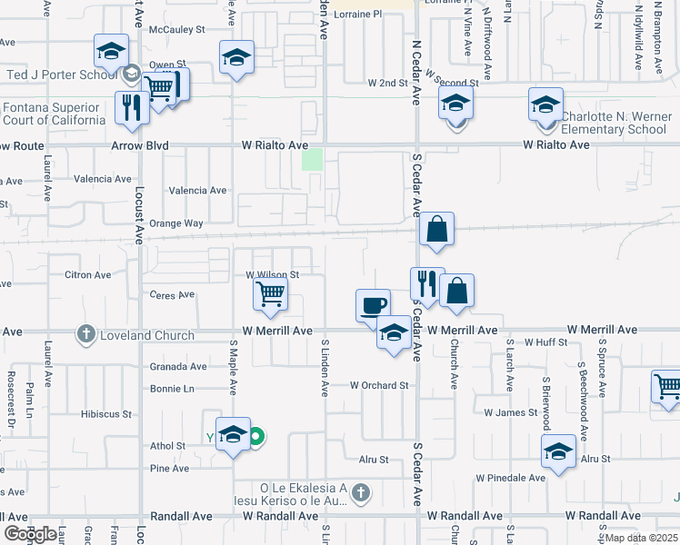 map of restaurants, bars, coffee shops, grocery stores, and more near 351 South Ironwood Avenue in Rialto
