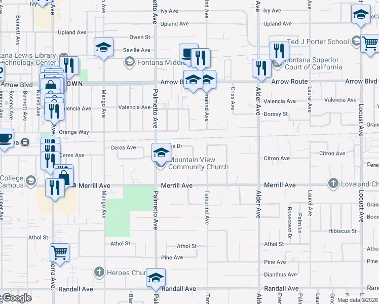 map of restaurants, bars, coffee shops, grocery stores, and more near 17430 Ceres Drive in Fontana