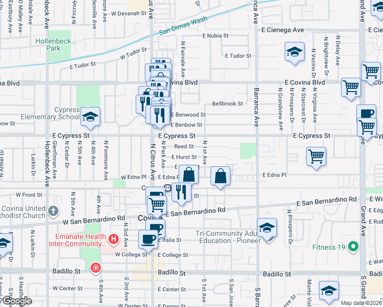 map of restaurants, bars, coffee shops, grocery stores, and more near 254 Reed Street in Covina