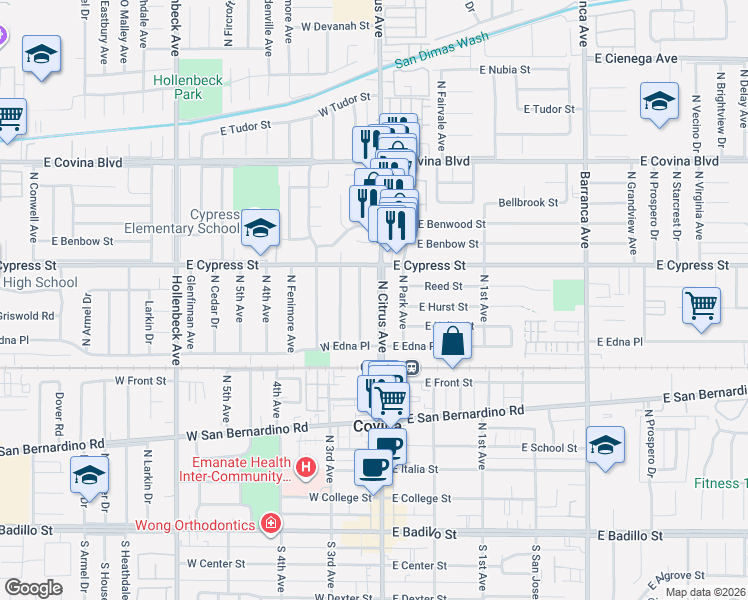 map of restaurants, bars, coffee shops, grocery stores, and more near 844 North Viceroy Avenue in Covina