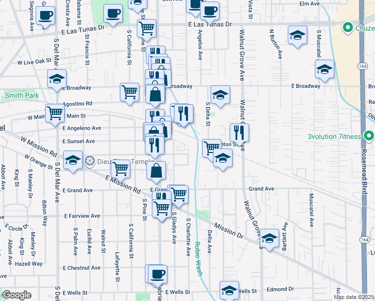 map of restaurants, bars, coffee shops, grocery stores, and more near 818 Santa Fe Avenue in San Gabriel