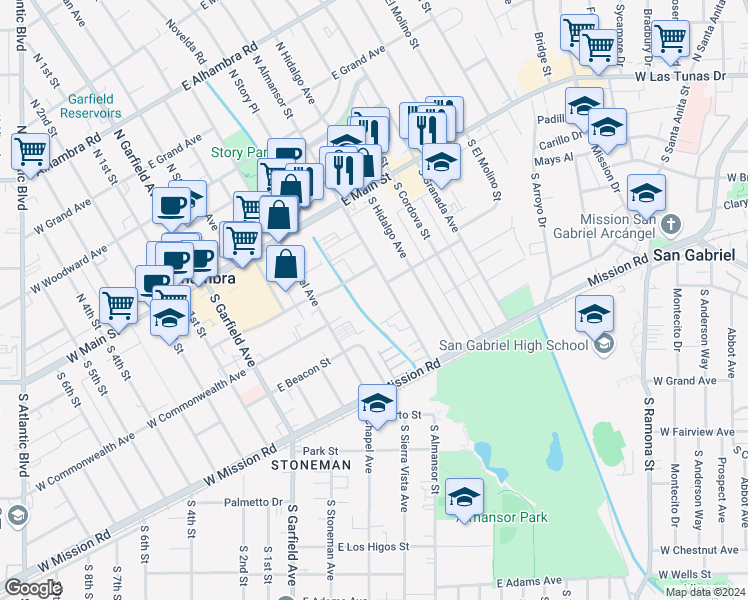 map of restaurants, bars, coffee shops, grocery stores, and more near 305 South Almansor Street in Alhambra