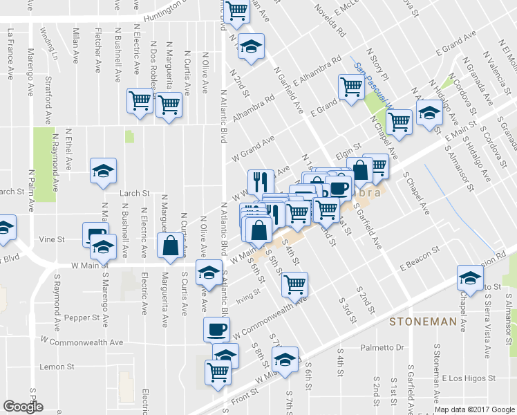 map of restaurants, bars, coffee shops, grocery stores, and more near 127 North 4th Street in Alhambra