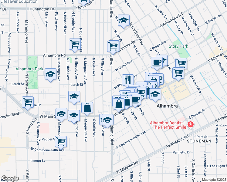 map of restaurants, bars, coffee shops, grocery stores, and more near 322 North Atlantic Boulevard in Alhambra