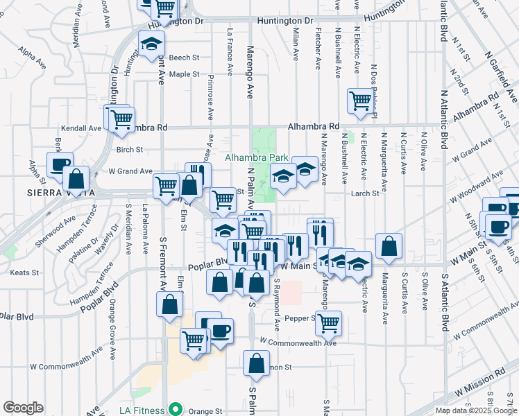 map of restaurants, bars, coffee shops, grocery stores, and more near 208 North Palm Avenue in Alhambra