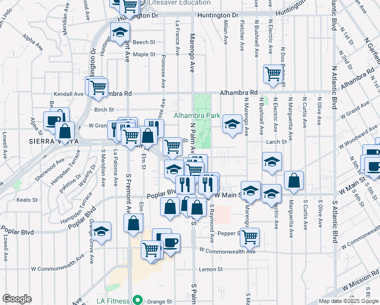 map of restaurants, bars, coffee shops, grocery stores, and more near 2216 Larch Street in Alhambra