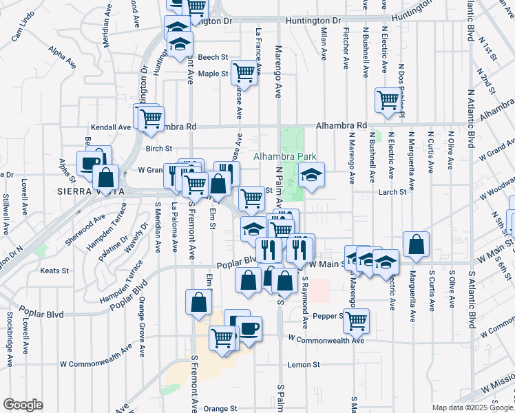 map of restaurants, bars, coffee shops, grocery stores, and more near 2216 Larch Street in Alhambra