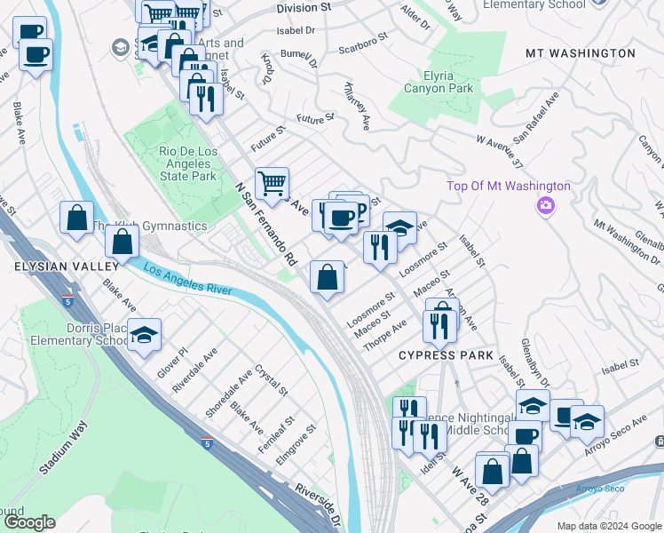 map of restaurants, bars, coffee shops, grocery stores, and more near 2656 Granada Street in Los Angeles