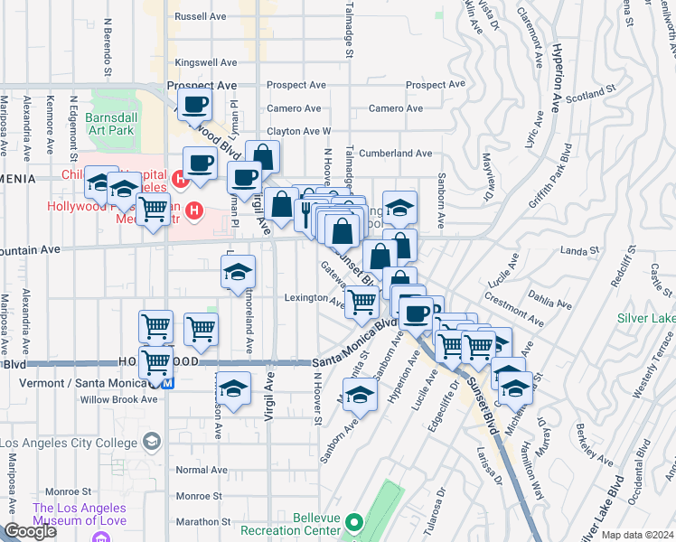 map of restaurants, bars, coffee shops, grocery stores, and more near 4335 Gateway Avenue in Los Angeles