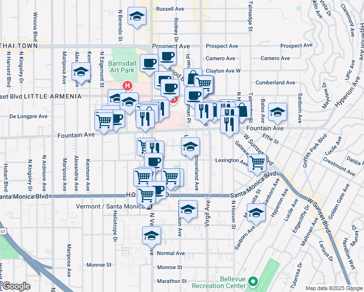 map of restaurants, bars, coffee shops, grocery stores, and more near 1266 Lyman Place in Los Angeles