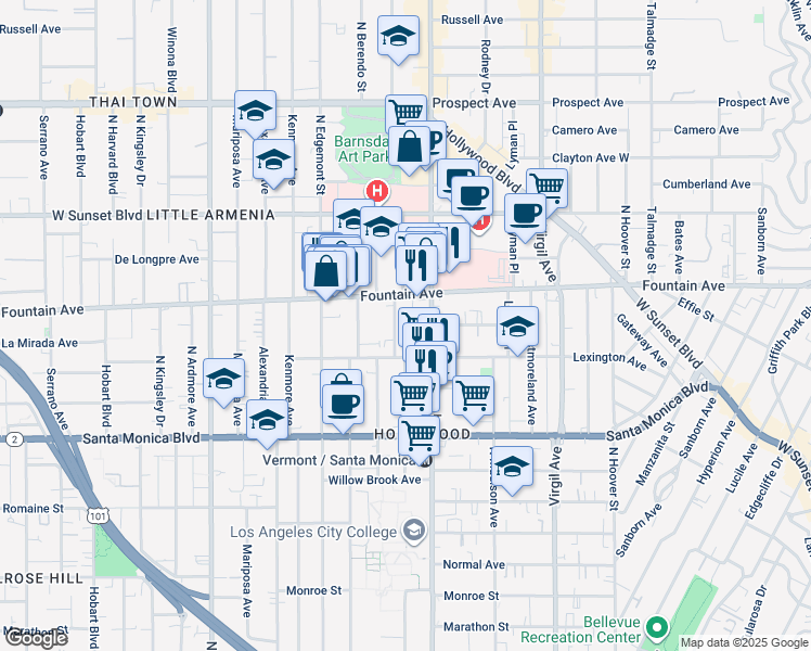 map of restaurants, bars, coffee shops, grocery stores, and more near 1250 North New Hampshire Avenue in Los Angeles