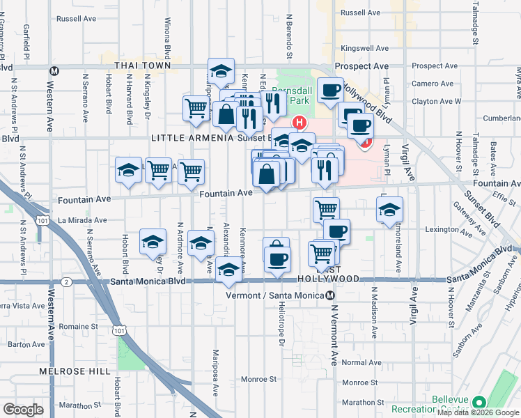 map of restaurants, bars, coffee shops, grocery stores, and more near in Los Angeles
