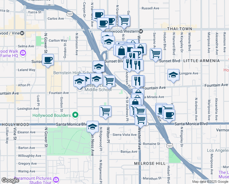 map of restaurants, bars, coffee shops, grocery stores, and more near 5643 Fountain Avenue in Los Angeles