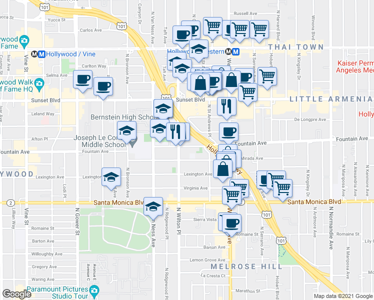 map of restaurants, bars, coffee shops, grocery stores, and more near 5643 Fountain Avenue in Los Angeles