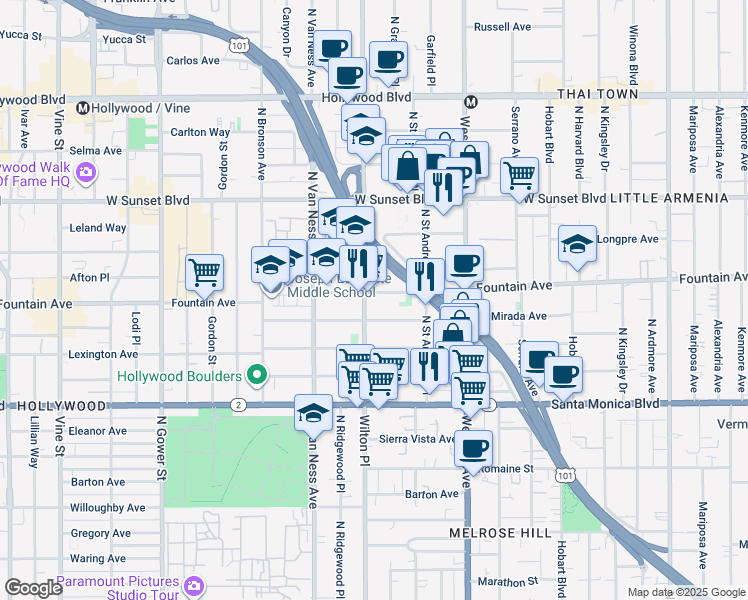 map of restaurants, bars, coffee shops, grocery stores, and more near 5643 Fountain Avenue in Los Angeles