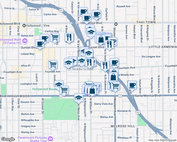 map of restaurants, bars, coffee shops, grocery stores, and more near 1309 North Wilton Place in Los Angeles