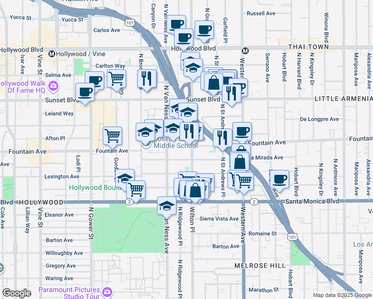 map of restaurants, bars, coffee shops, grocery stores, and more near 1309 North Wilton Place in Los Angeles