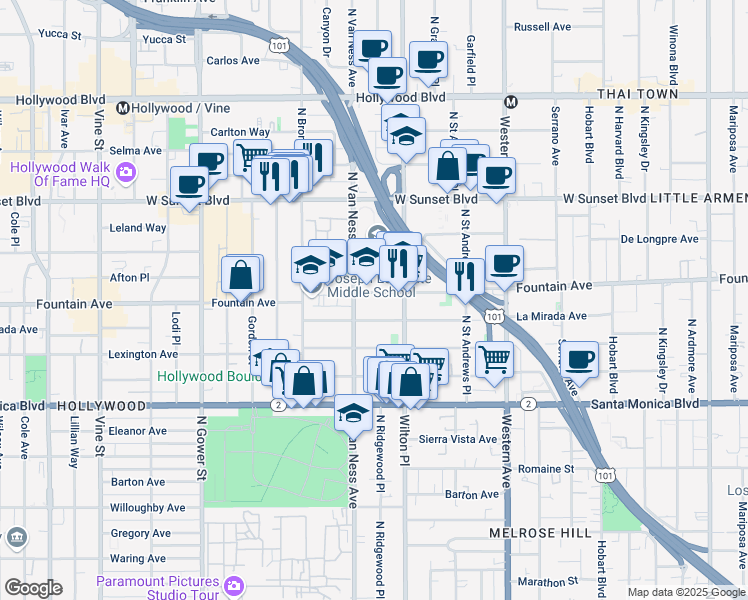 map of restaurants, bars, coffee shops, grocery stores, and more near 1314 North Van Ness Avenue in Los Angeles