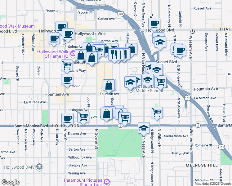map of restaurants, bars, coffee shops, grocery stores, and more near 1316 1/2 Gordon Street in Los Angeles