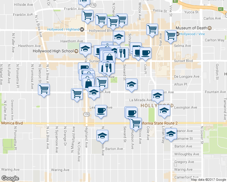 map of restaurants, bars, coffee shops, grocery stores, and more near 1320 North Cherokee Avenue in Los Angeles