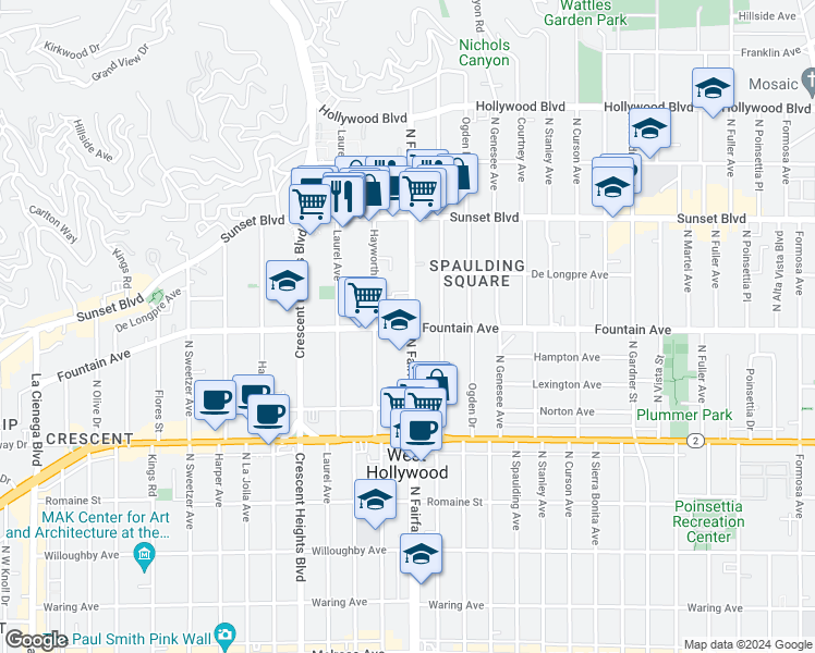 map of restaurants, bars, coffee shops, grocery stores, and more near 1319 North Fairfax Avenue in West Hollywood