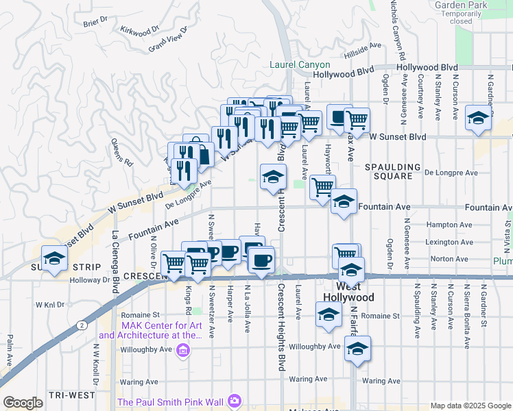 map of restaurants, bars, coffee shops, grocery stores, and more near in West Hollywood