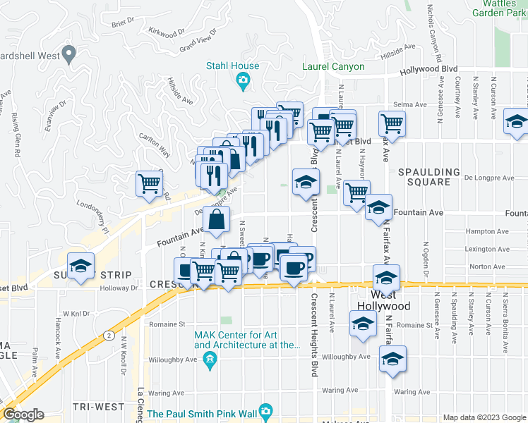 map of restaurants, bars, coffee shops, grocery stores, and more near 8277 Fountain Avenue in West Hollywood