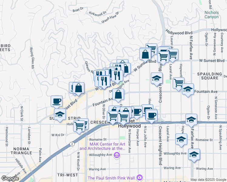 map of restaurants, bars, coffee shops, grocery stores, and more near 8400 Sunset Boulevard in West Hollywood