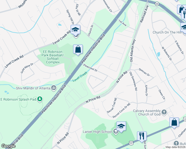 map of restaurants, bars, coffee shops, grocery stores, and more near 4694 Pinecrest Drive in Buford