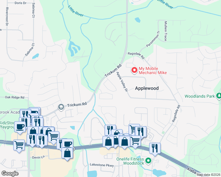 map of restaurants, bars, coffee shops, grocery stores, and more near 256 Regent Square in Woodstock