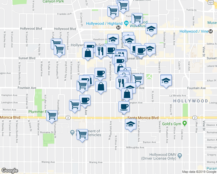 map of restaurants, bars, coffee shops, grocery stores, and more near 1301 North Mansfield Avenue in Los Angeles
