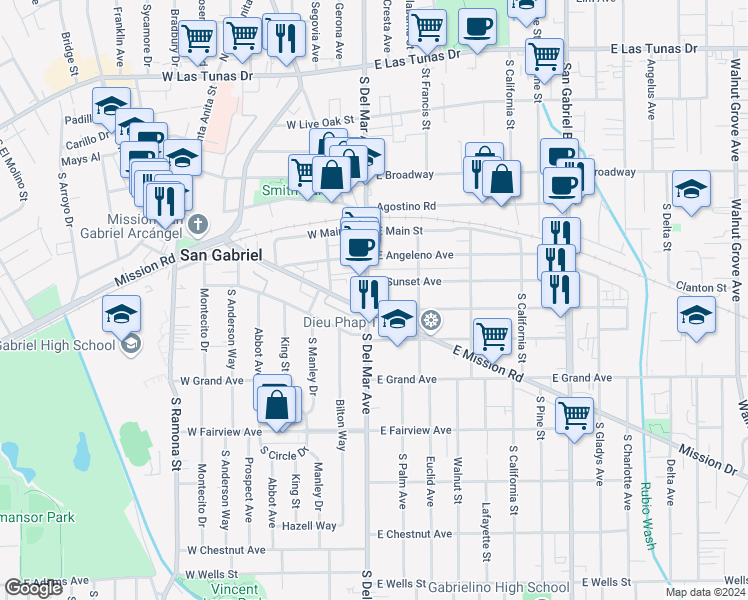 map of restaurants, bars, coffee shops, grocery stores, and more near 616 South Del Mar Avenue in San Gabriel