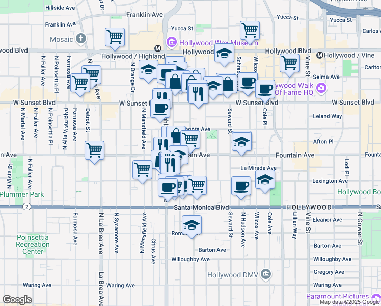 map of restaurants, bars, coffee shops, grocery stores, and more near 6701 Fountain Avenue in Los Angeles