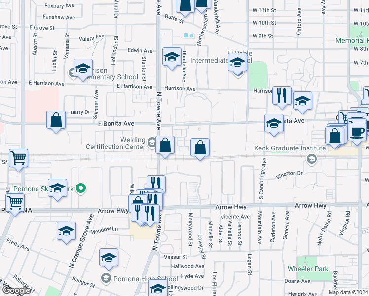 map of restaurants, bars, coffee shops, grocery stores, and more near 2734 Valor Lane in Pomona