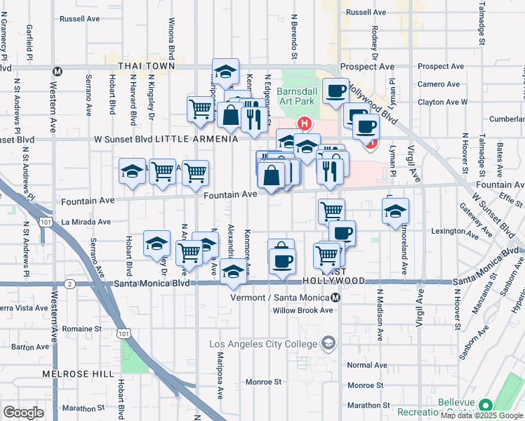 map of restaurants, bars, coffee shops, grocery stores, and more near 1237 North Edgemont Street in Los Angeles