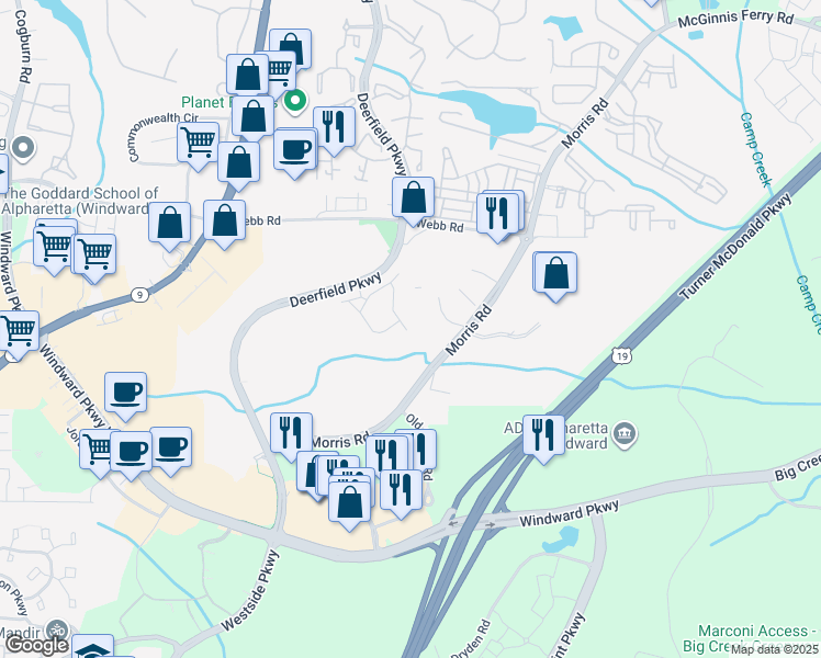 map of restaurants, bars, coffee shops, grocery stores, and more near 12793 Doe Drive in Alpharetta