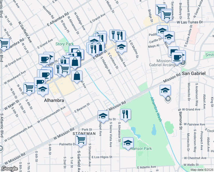 map of restaurants, bars, coffee shops, grocery stores, and more near 311 South Almansor Street in Alhambra