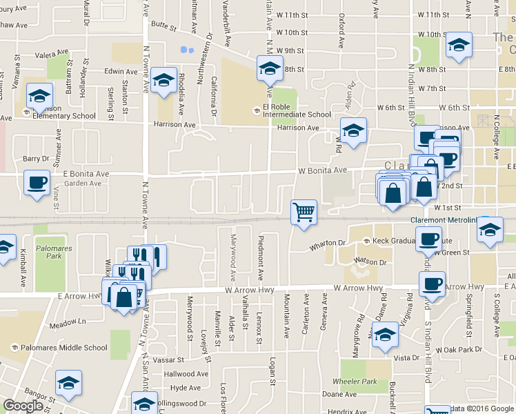 map of restaurants, bars, coffee shops, grocery stores, and more near 848 West Bonita Avenue in Claremont